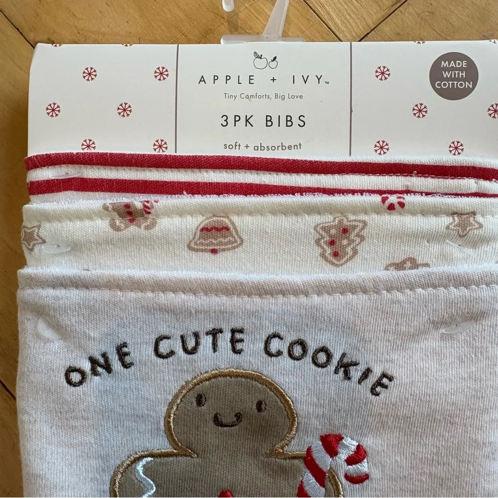 3 PC Christmas Bandana Bibs Snap Closure Gingerbread Red & White Size 0-12M